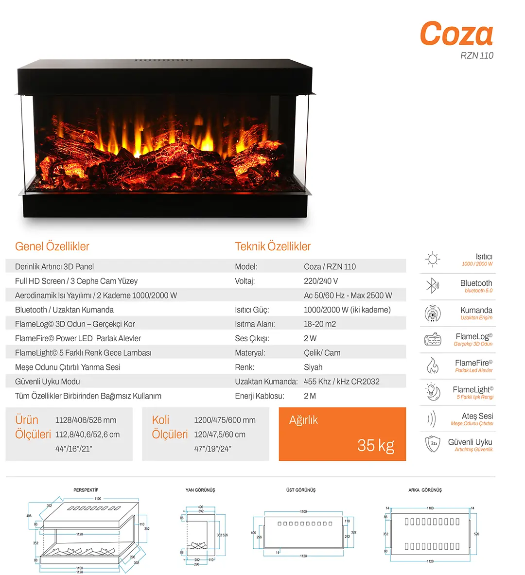 Coza RZN 110 Elektrikli Şömine 12 COZA: Huzurun ve Sıcaklığın Yeni Adı COZA, 3 cepheli cam tasarımıyla yaşam alanlarınıza zarafet katarken, size huzurlu bir atmosfer sunar. Gerçek meşe odununun yanma sesi ve 3 boyutlu FlameLog odunları sayesinde, iç dünyanızda sakin ve rahatlatıcı bir yolculuğa çıkarsınız. Hayatın koşuşturmasından uzaklaşıp, dinginliğin tadını çıkarmak istediğiniz anlarda COZA, size özel bir kaçış noktası yaratır. Ayrıca, mekanlarınıza uyum sağlayan isteğe bağlı “L” yüzey seçeneği ile COZA, her türlü yaşam alanına şıklık ve fonksiyonellik getirir.